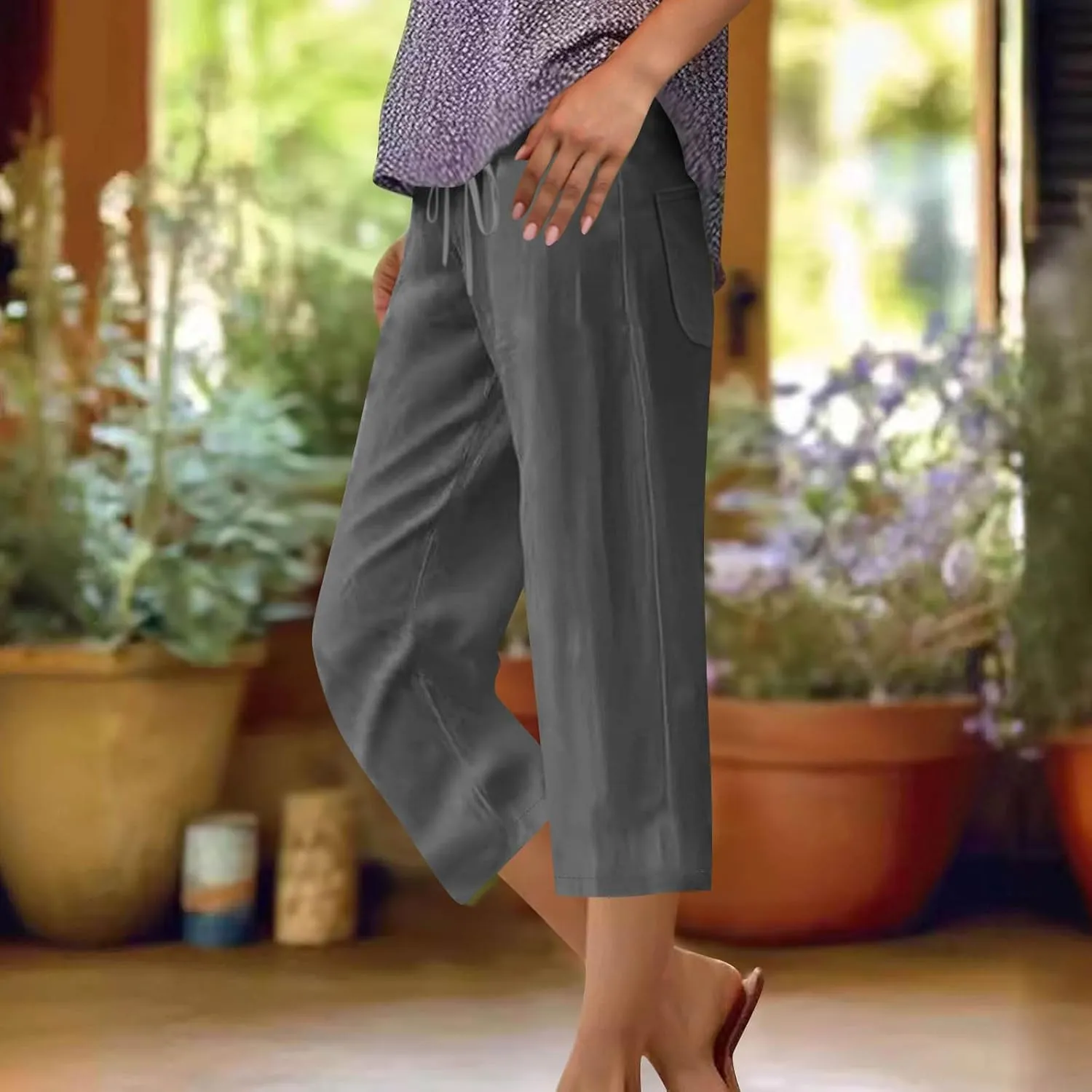 Linen Capri Pants for Women Drawstring Wide Leg Trousers Summer Comfy Casual Capris Beach Clothes with Back Pockets