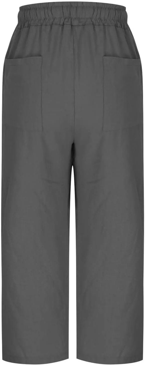 Linen Capri Pants for Women Drawstring Wide Leg Trousers Summer Comfy Casual Capris Beach Clothes with Back Pockets