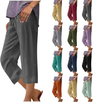 Linen Capri Pants for Women Drawstring Wide Leg Trousers Summer Comfy Casual Capris Beach Clothes with Back Pockets