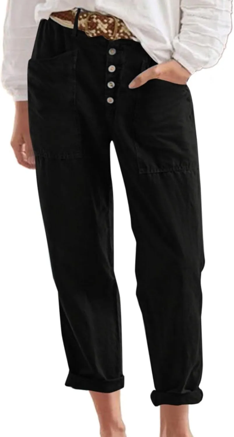 Linen Capri Pants for Women High Waisted Solid Baggy Button Down Capri Pants with Pockets Casual Summer Crop Pants