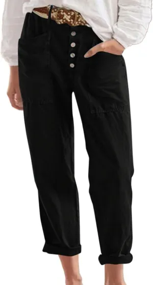 Linen Capri Pants for Women High Waisted Solid Baggy Button Down Capri Pants with Pockets Casual Summer Crop Pants