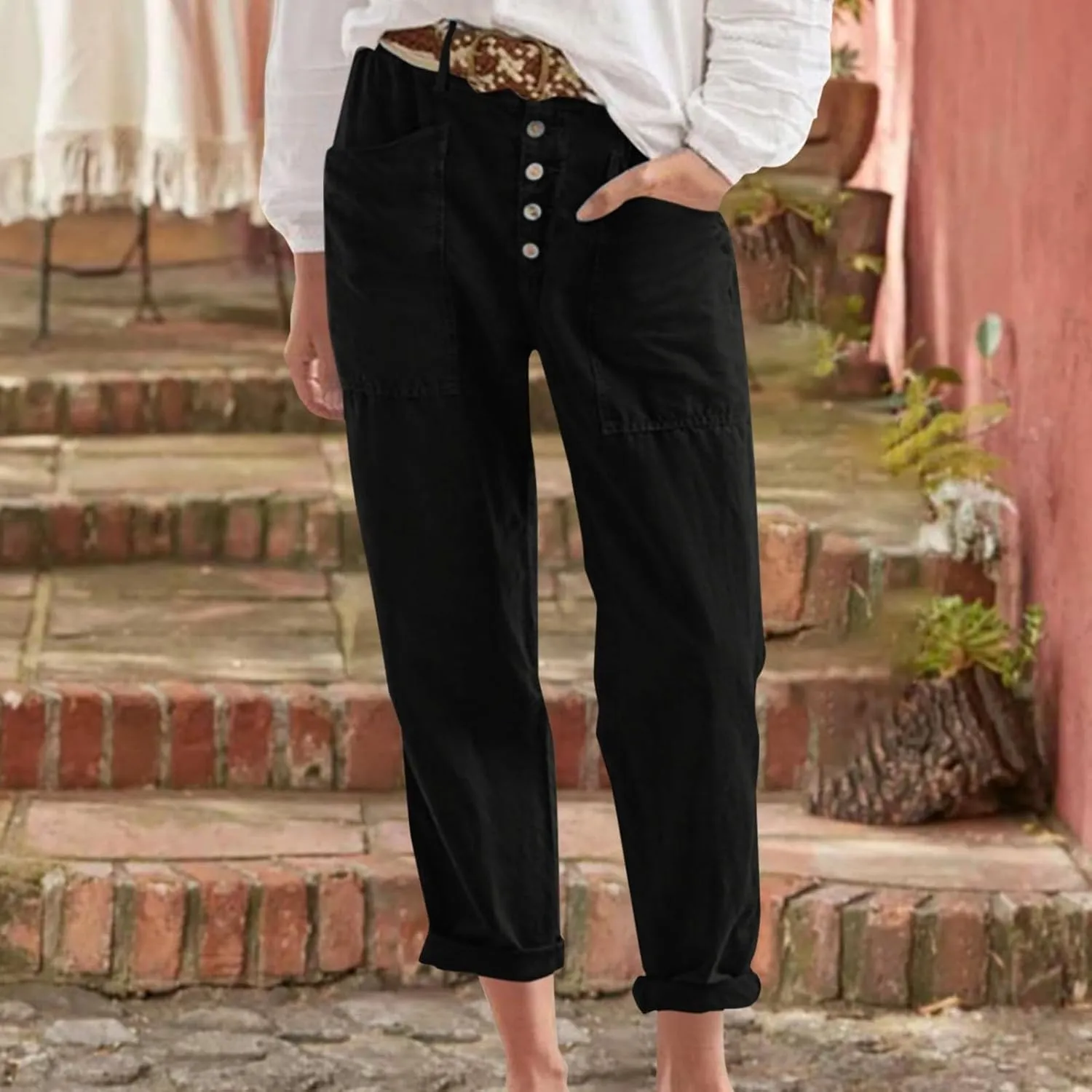 Linen Capri Pants for Women High Waisted Solid Baggy Button Down Capri Pants with Pockets Casual Summer Crop Pants