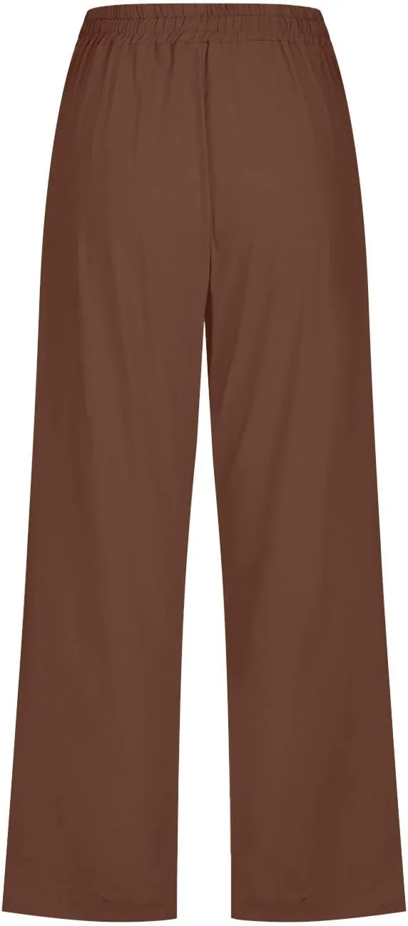 Linen Capris for Women Casual Summer Beach High Waisted Straight Pants Comfy Trendy Cropped Trousers with Pockets