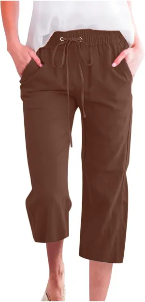 Linen Capris for Women Casual Summer Beach High Waisted Straight Pants Comfy Trendy Cropped Trousers with Pockets