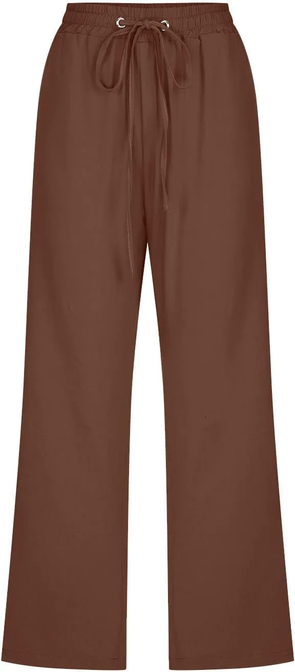 Linen Capris for Women Casual Summer Beach High Waisted Straight Pants Comfy Trendy Cropped Trousers with Pockets