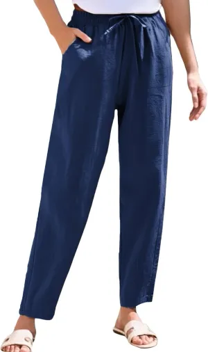 Linen Cropped Pants Women Straight Leg Elastic Waist Drawstring Casual Pants with Pockets 2025 Summer Beach Outfits