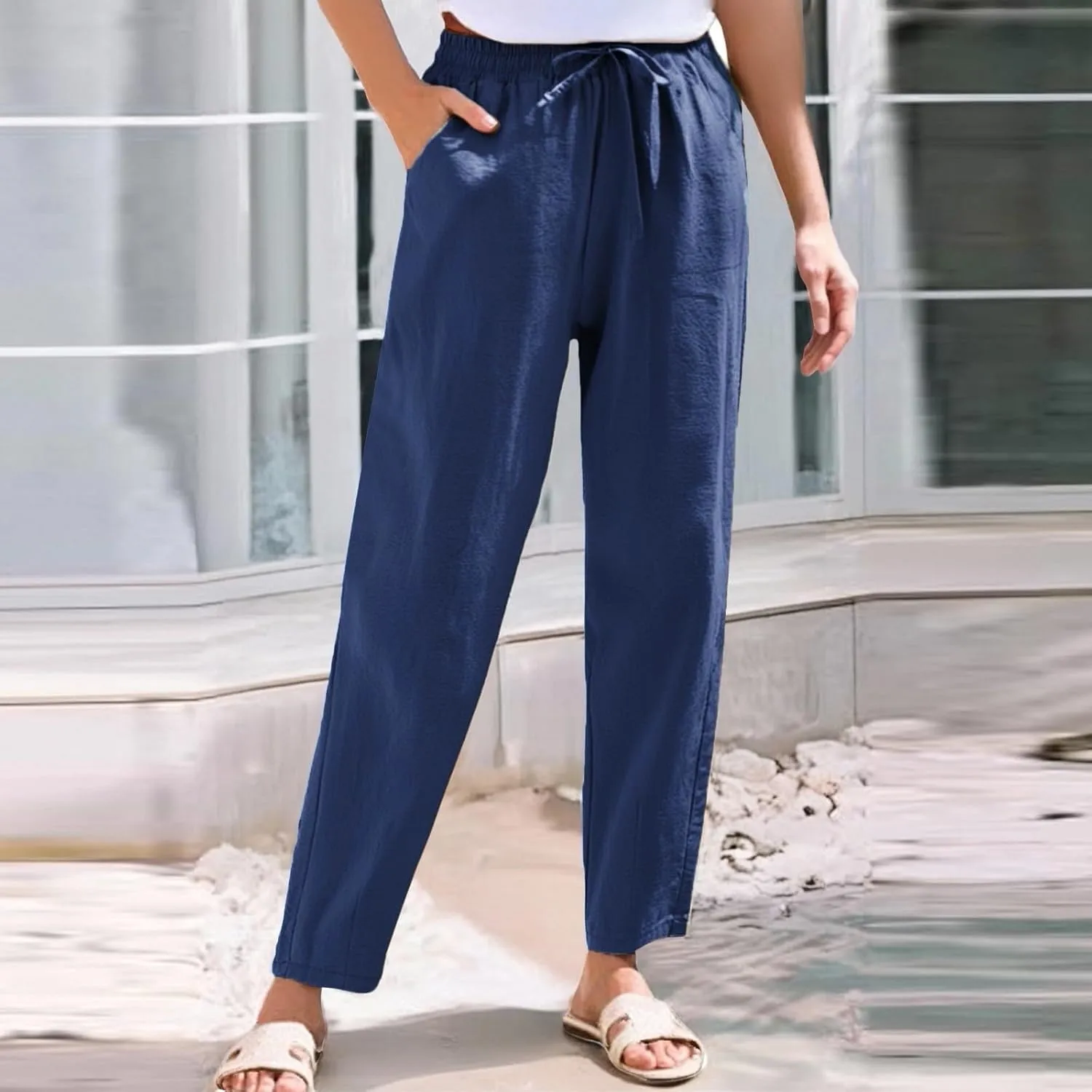 Linen Cropped Pants Women Straight Leg Elastic Waist Drawstring Casual Pants with Pockets 2025 Summer Beach Outfits