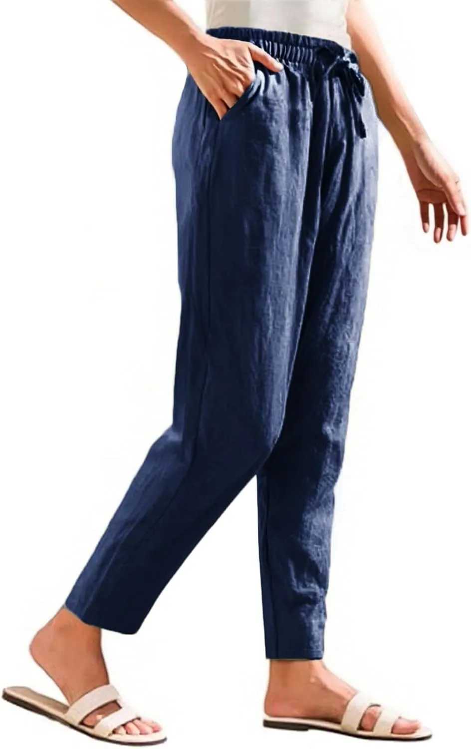 Linen Cropped Pants Women Straight Leg Elastic Waist Drawstring Casual Pants with Pockets 2025 Summer Beach Outfits