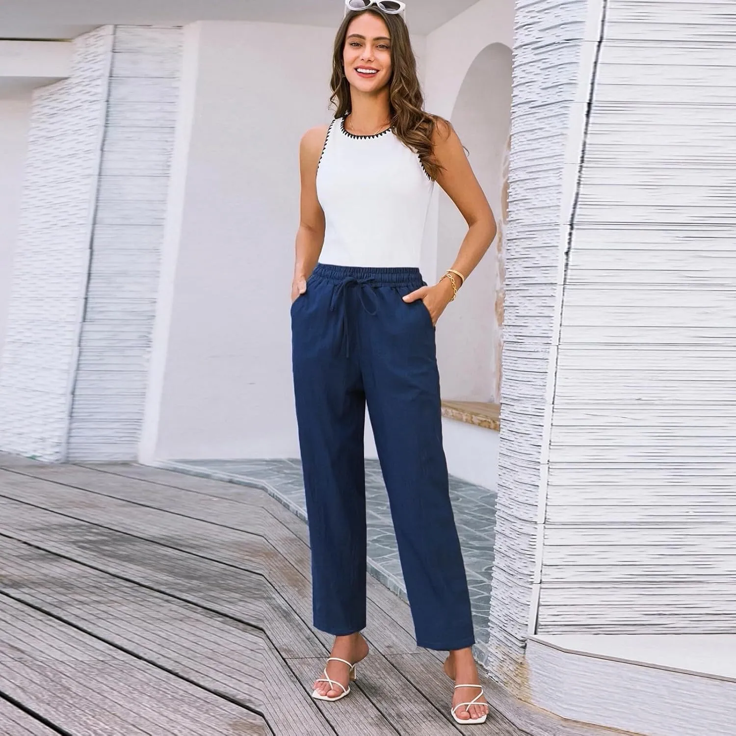Linen Cropped Pants Women Straight Leg Elastic Waist Drawstring Casual Pants with Pockets 2025 Summer Beach Outfits