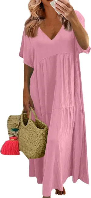 Linen Dress Womens Maxi Dresses 2025 Summer Short Sleeve V Neck Plain Smocked Flowy Long Beach Vacation Sundresses