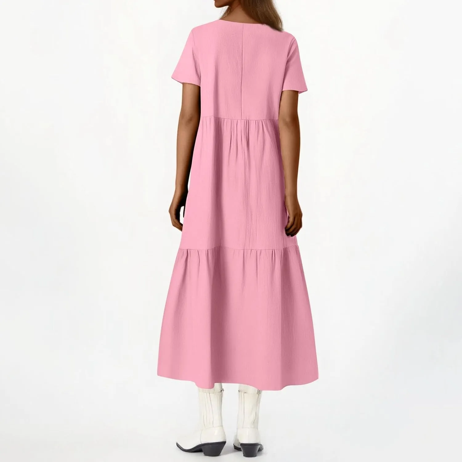 Linen Dress Womens Maxi Dresses 2025 Summer Short Sleeve V Neck Plain Smocked Flowy Long Beach Vacation Sundresses
