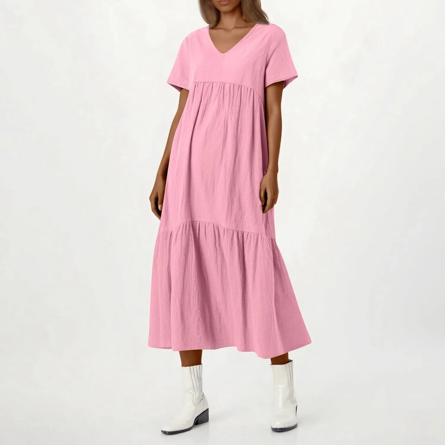 Linen Dress Womens Maxi Dresses 2025 Summer Short Sleeve V Neck Plain Smocked Flowy Long Beach Vacation Sundresses