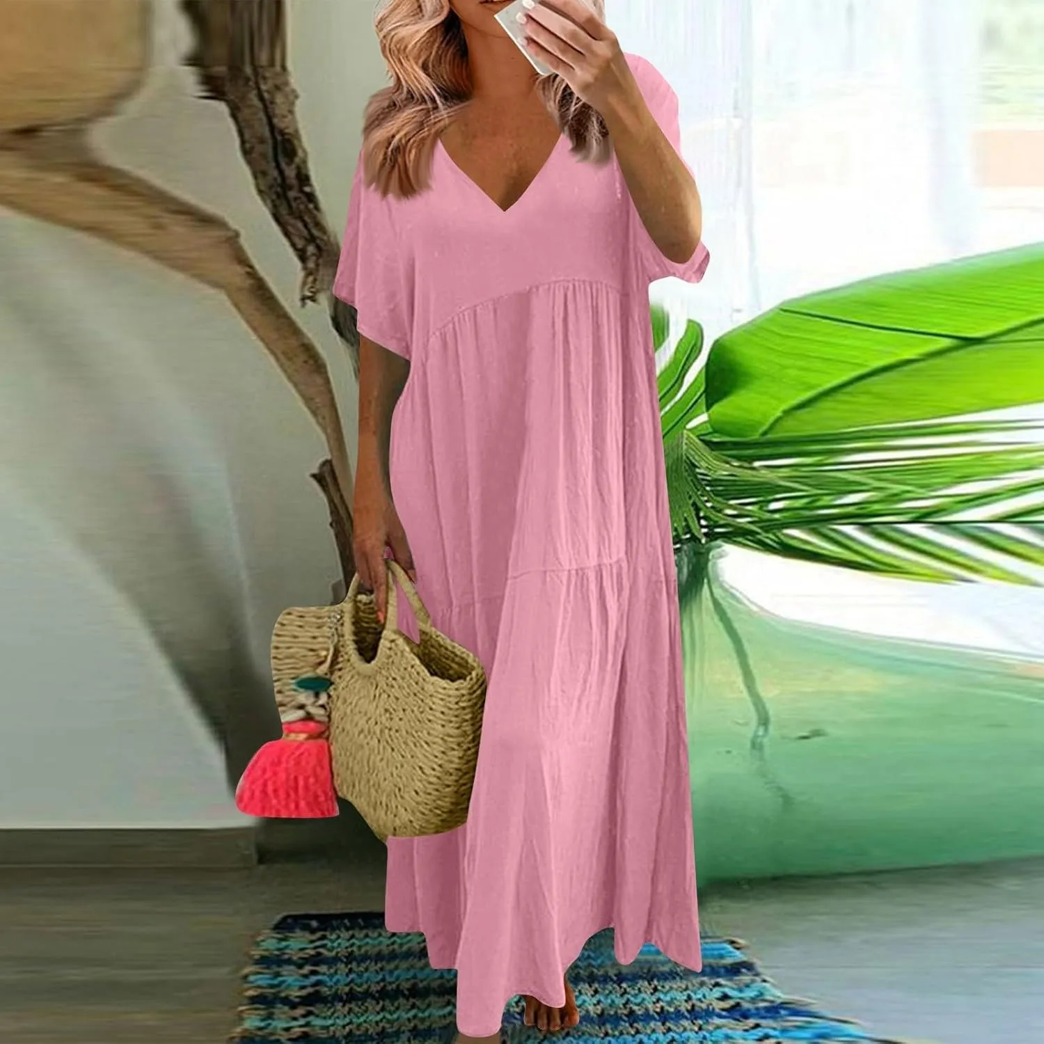 Linen Dress Womens Maxi Dresses 2025 Summer Short Sleeve V Neck Plain Smocked Flowy Long Beach Vacation Sundresses
