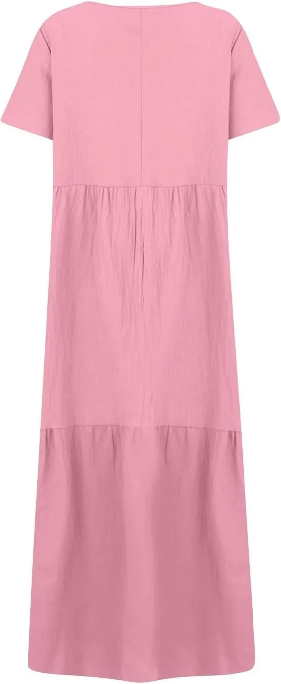 Linen Dress Womens Maxi Dresses 2025 Summer Short Sleeve V Neck Plain Smocked Flowy Long Beach Vacation Sundresses