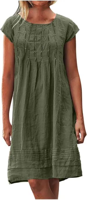 Linen Dresses for Women 2025 Pleated Summer Midi Dresses Cap Sleeve Flowy Dress Beach Vacation Casual Mini Dress