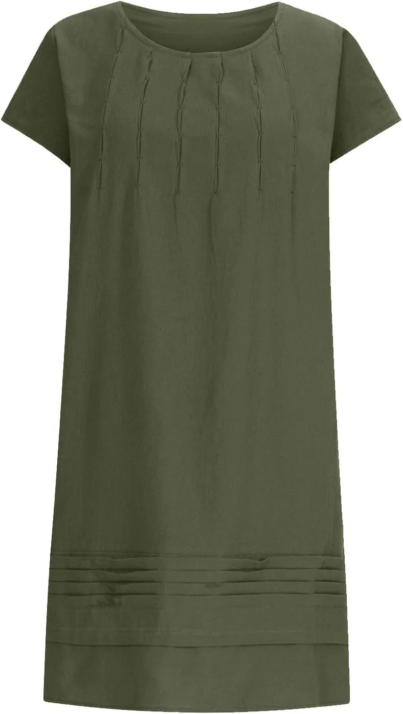 Linen Dresses for Women 2025 Pleated Summer Midi Dresses Cap Sleeve Flowy Dress Beach Vacation Casual Mini Dress
