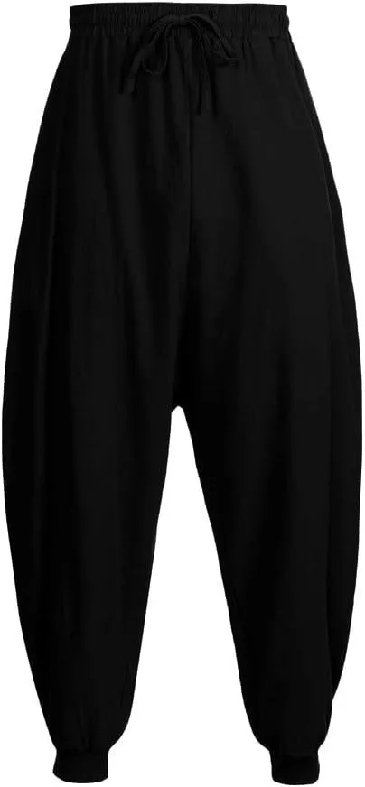 Linen Hippie Pants for Men Loose Elastic Waist Cinch Bottom Ankle Length Sweatpants Aladdin Drop Crotch Harem Pant