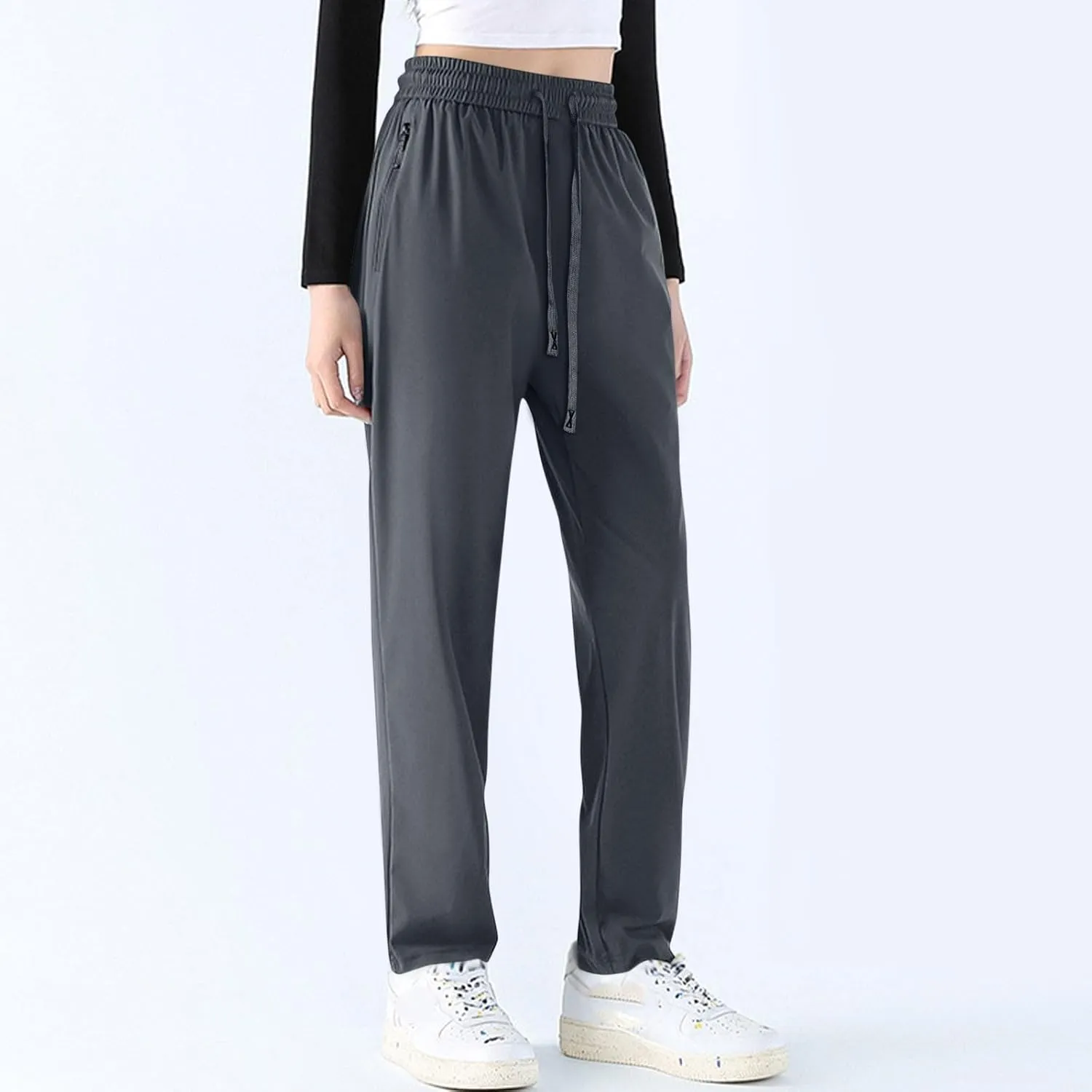 Linen Pants, Black Yoga Pants for Women Cotton High Waisted Golf Wide Leg Summer Flowy Trousers with Pockets