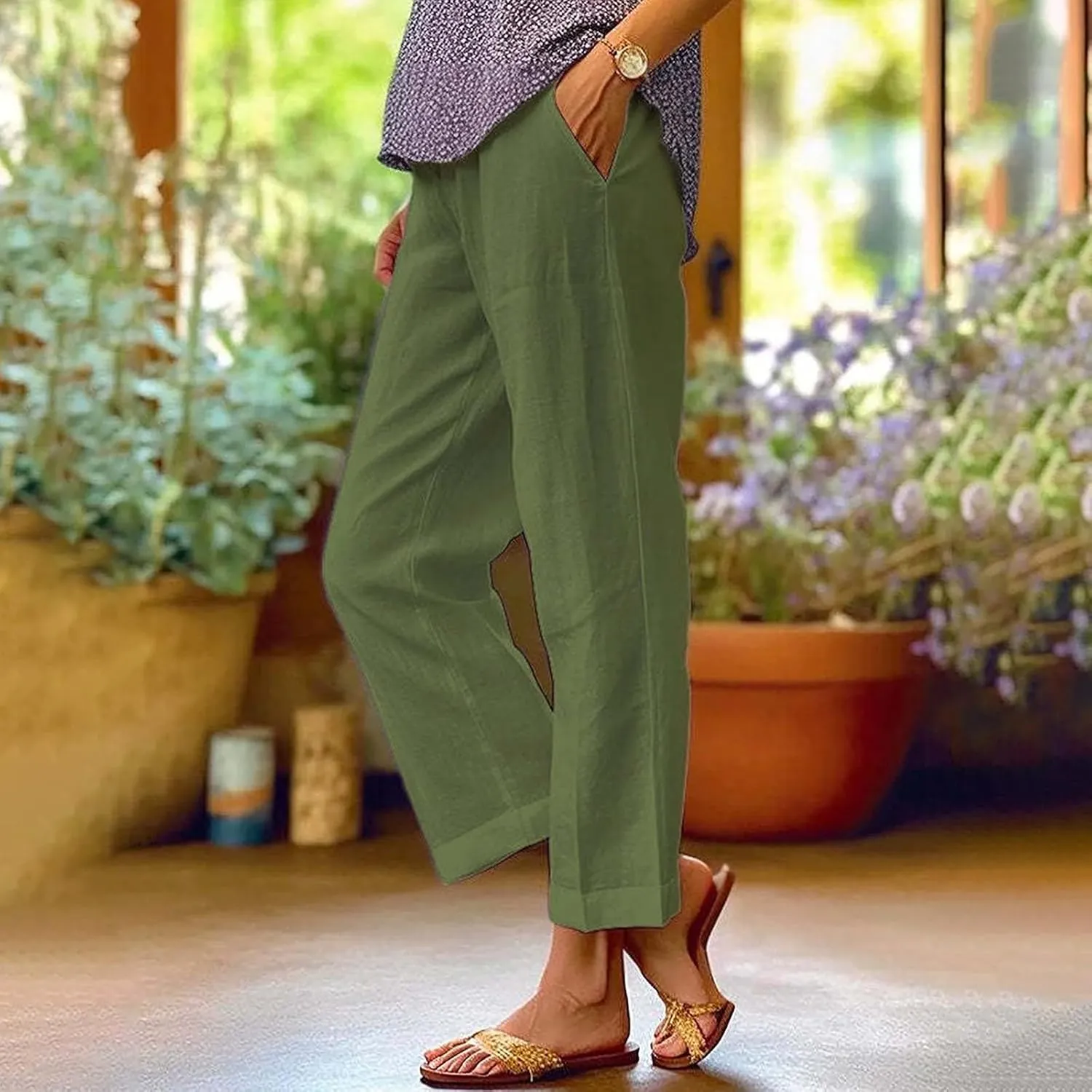 Linen Pants for Women 2025 High Waisted Wide Leg Trousers Trendy Solid Striped Elastic Waist Summer Gauze Capri Pants