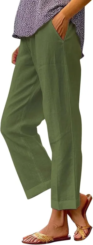 Linen Pants for Women 2025 High Waisted Wide Leg Trousers Trendy Solid Striped Elastic Waist Summer Gauze Capri Pants