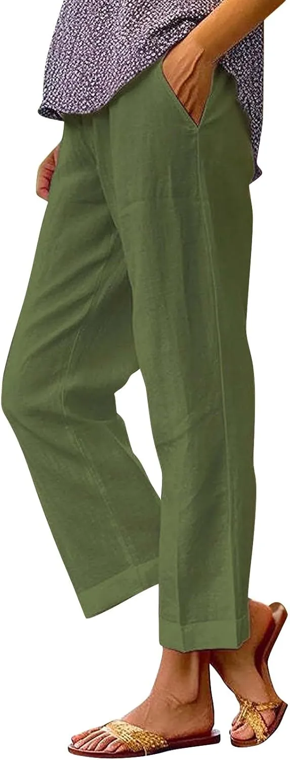 Linen Pants for Women 2025 High Waisted Wide Leg Trousers Trendy Solid Striped Elastic Waist Summer Gauze Capri Pants