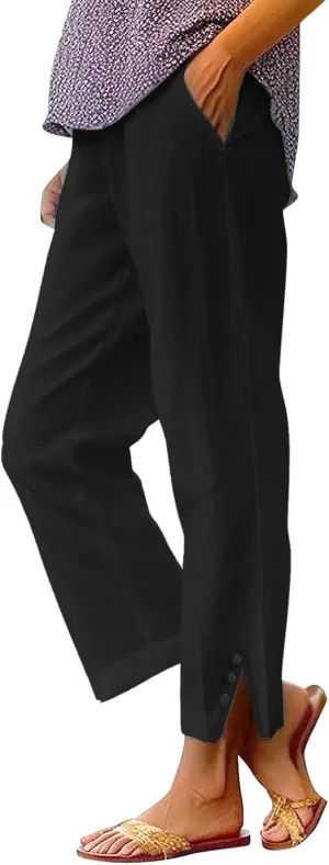 Linen Pants for Women 2025 Summer High Waist Elastic Straight Leg Pant Casual Lounge Loose Lightweight Beach Trousers