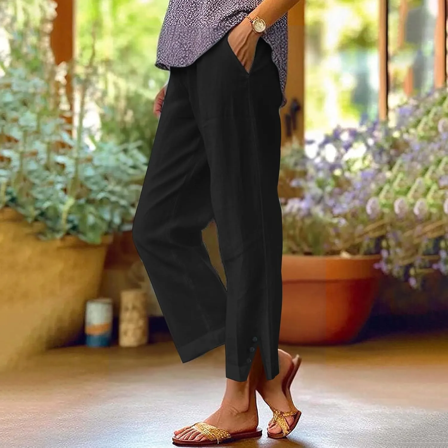 Linen Pants for Women 2025 Summer High Waist Elastic Straight Leg Pant Casual Lounge Loose Lightweight Beach Trousers