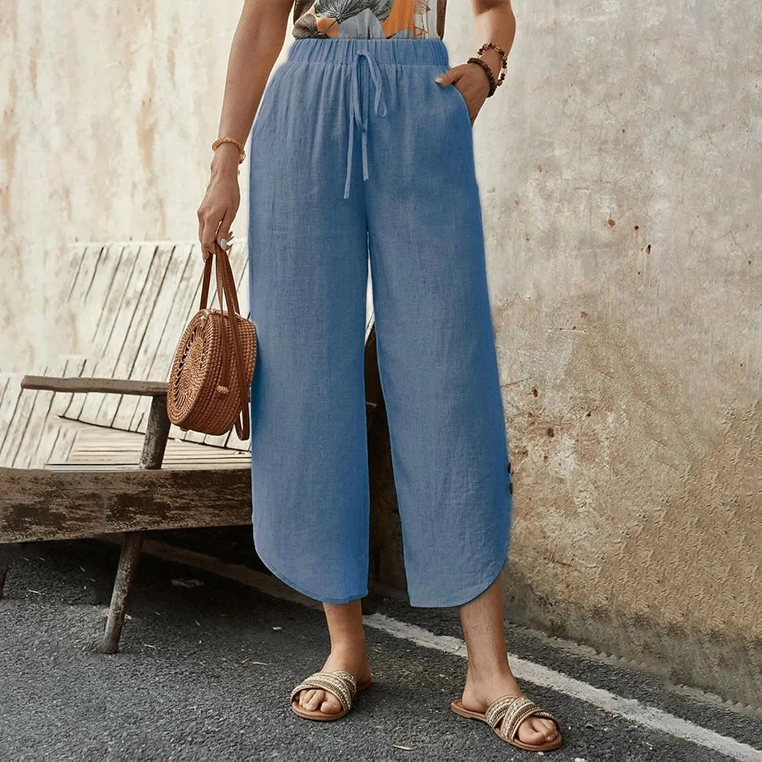 Linen Pants for Women Casual High Waisted Drawstring Harem Pants Summer Cropped Lounge Trousers with Pockets