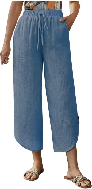 Linen Pants for Women Casual High Waisted Drawstring Harem Pants Summer Cropped Lounge Trousers with Pockets