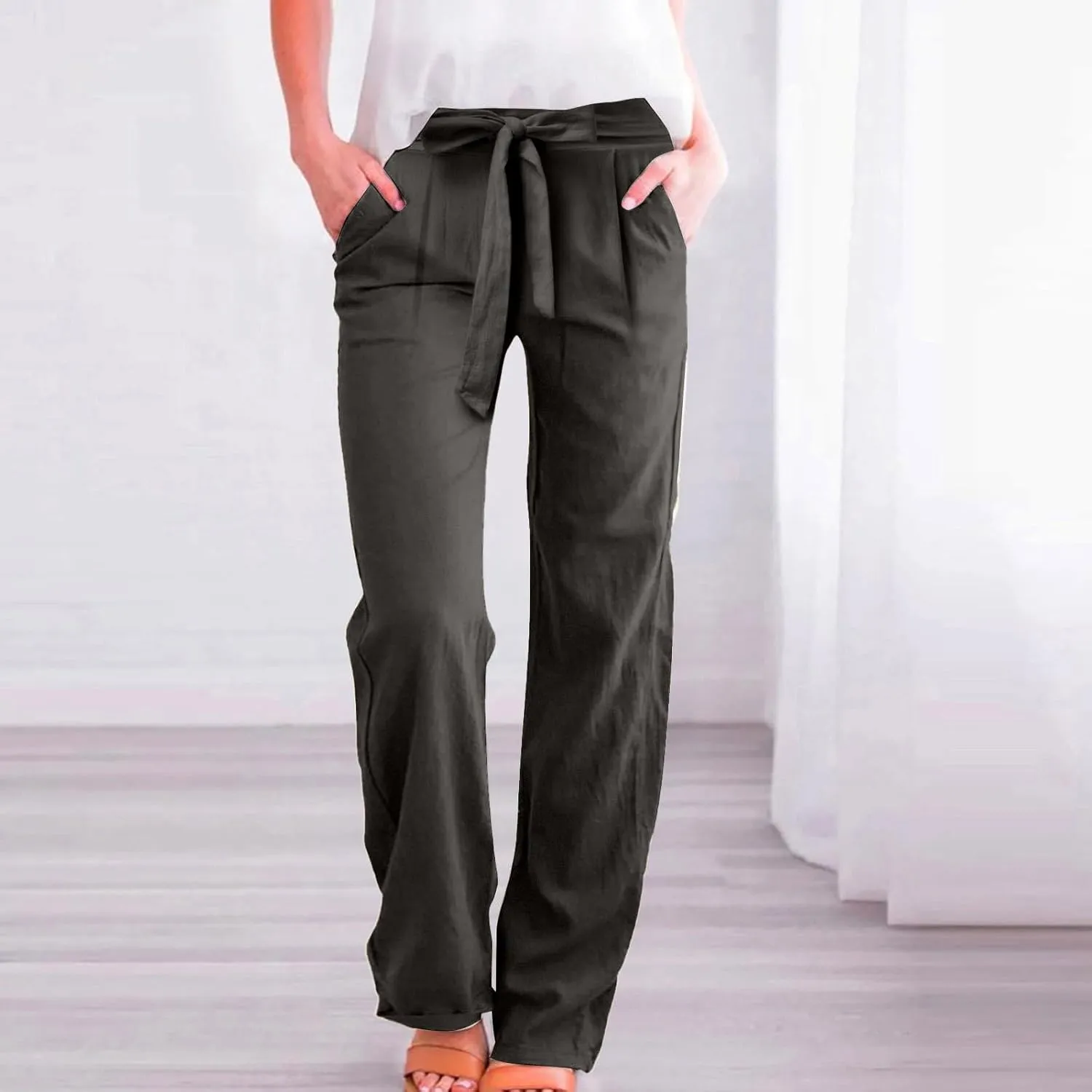 Linen Pants for Women Drawstring Elastic High Waisted Straight Leg Pants with Pockets Summer Casual Boho Beach Trouser