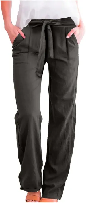 Linen Pants for Women Drawstring Elastic High Waisted Straight Leg Pants with Pockets Summer Casual Boho Beach Trouser