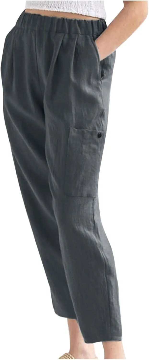 Linen Pants for Women High Waisted Casual 2023 Summer Elastic Waist Straight Leg Long Lounge Trousers Pant