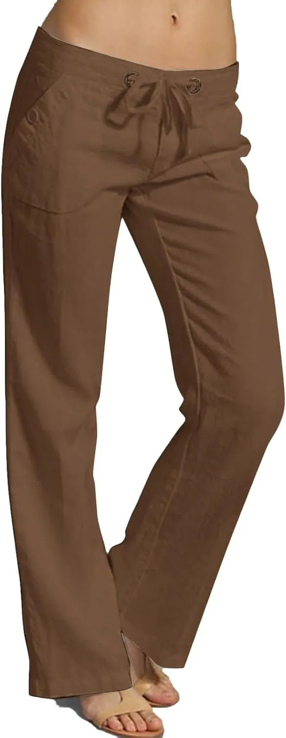 Linen Pants for Women Solid Elastic Pants Long Drawstring Linen Women Waist Summer Vacation High Waist Wide Leg