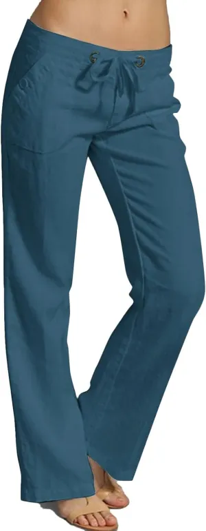 Linen Pants for Women Solid Elastic Pants Long Drawstring Linen Women Waist Summer Vacation High Waist Wide Leg