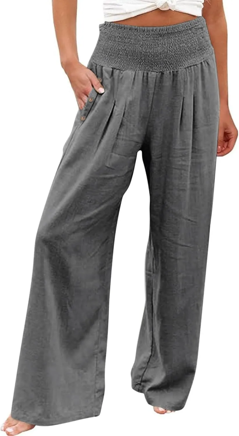Linen Pants for Women Summer 2025 Casual Drawstring Elastic Waist Long Slacks Wide Leg Pant Lounge Trouser with Pocket