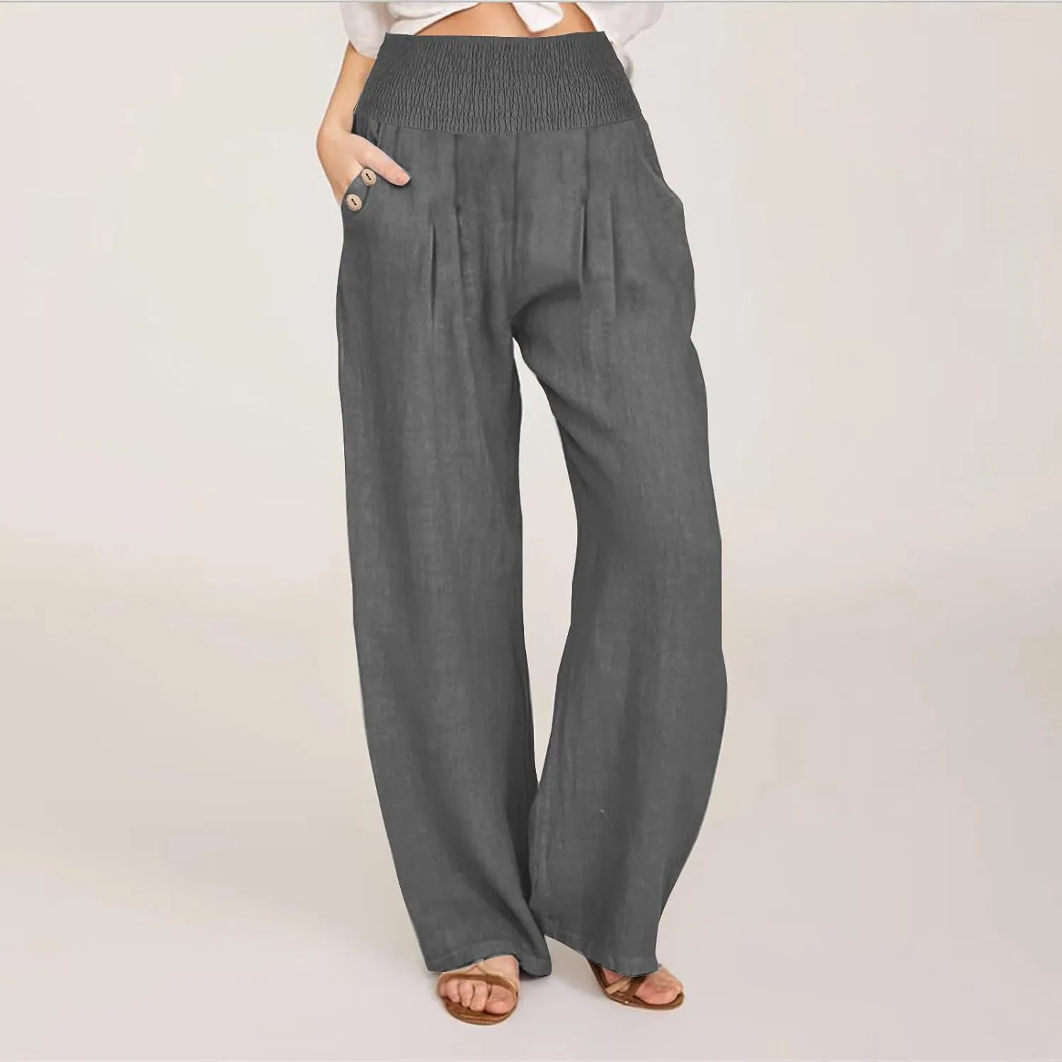 Linen Pants for Women Summer 2025 Casual Drawstring Elastic Waist Long Slacks Wide Leg Pant Lounge Trouser with Pocket
