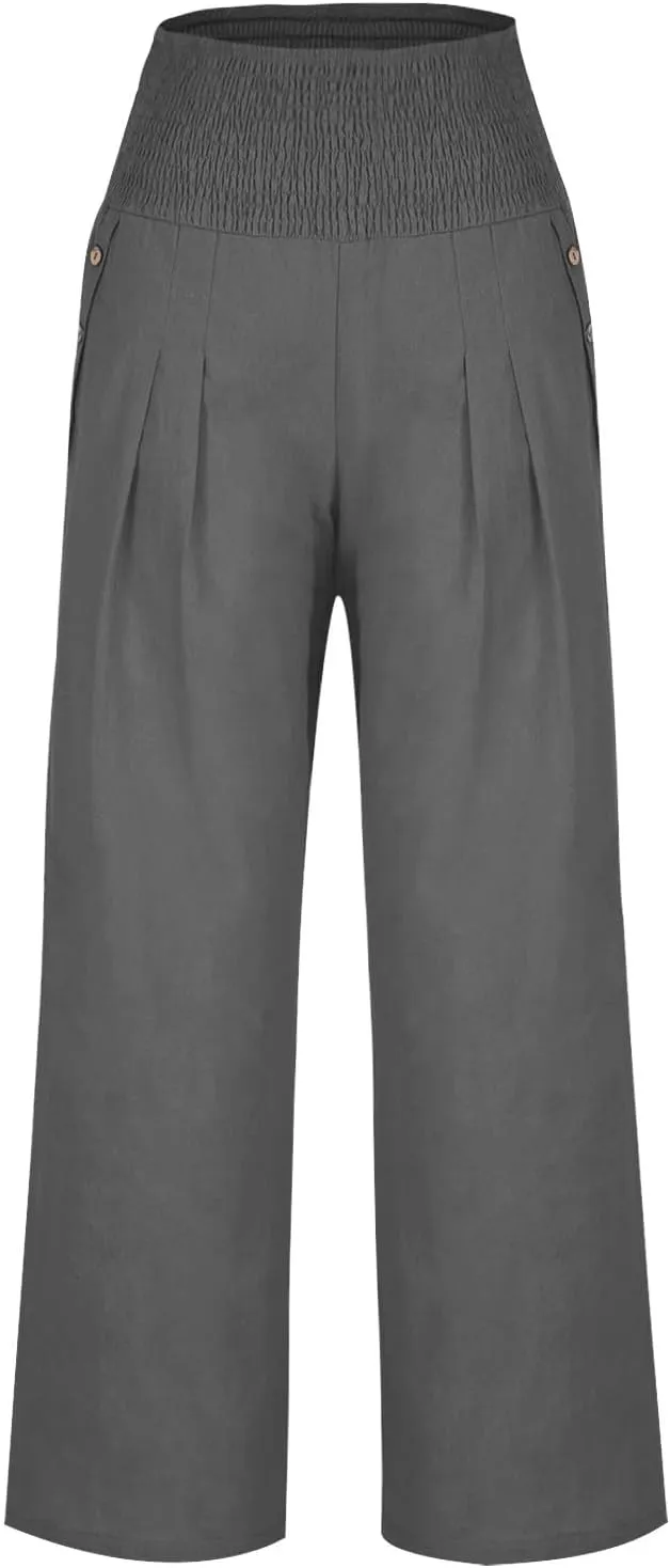 Linen Pants for Women Summer 2025 Casual Drawstring Elastic Waist Long Slacks Wide Leg Pant Lounge Trouser with Pocket