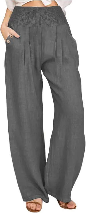 Linen Pants for Women Summer 2025 Casual Drawstring Elastic Waist Long Slacks Wide Leg Pant Lounge Trouser with Pocket