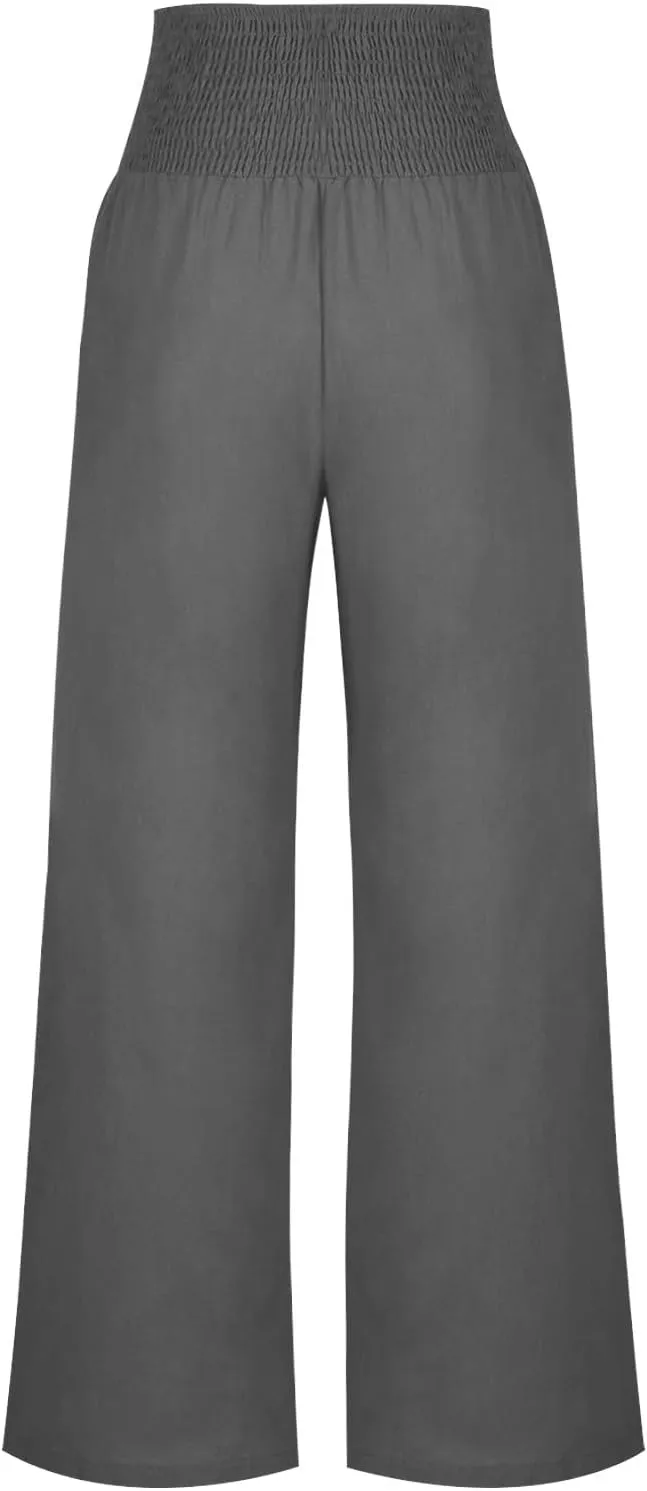 Linen Pants for Women Summer 2025 Casual Drawstring Elastic Waist Long Slacks Wide Leg Pant Lounge Trouser with Pocket