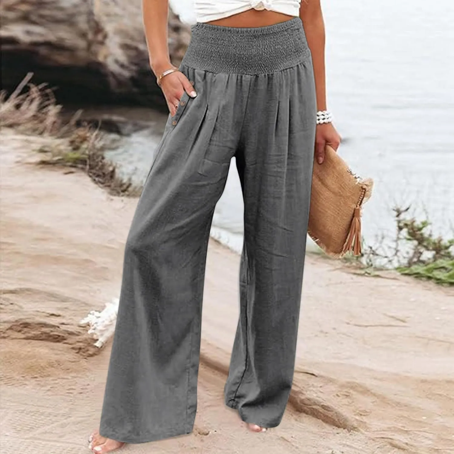 Linen Pants for Women Summer 2025 Casual Drawstring Elastic Waist Long Slacks Wide Leg Pant Lounge Trouser with Pocket