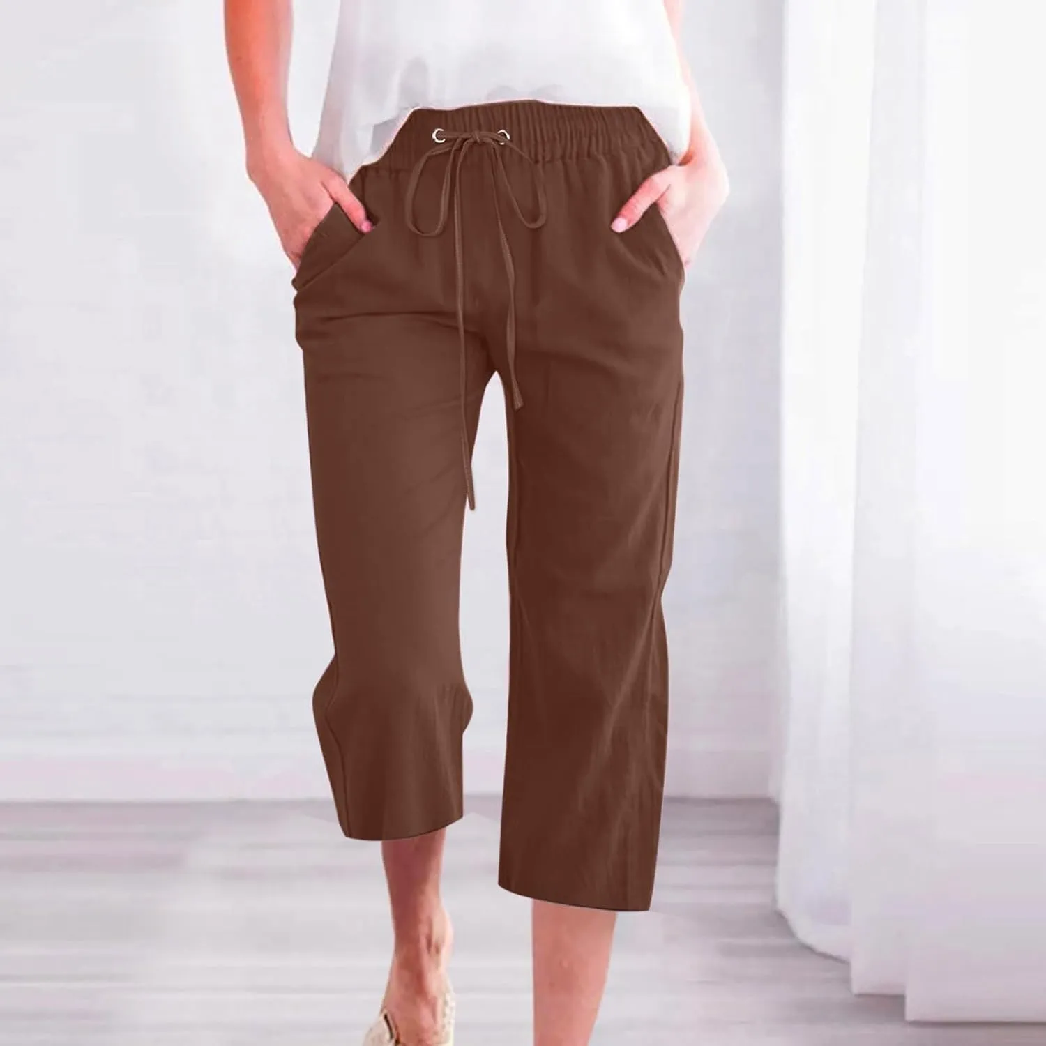 Linen Pants Women Capri Leg Pants Drawstring Elastic Trousers Comfy Straight Leg Capri Trousers 2025 Vacation
