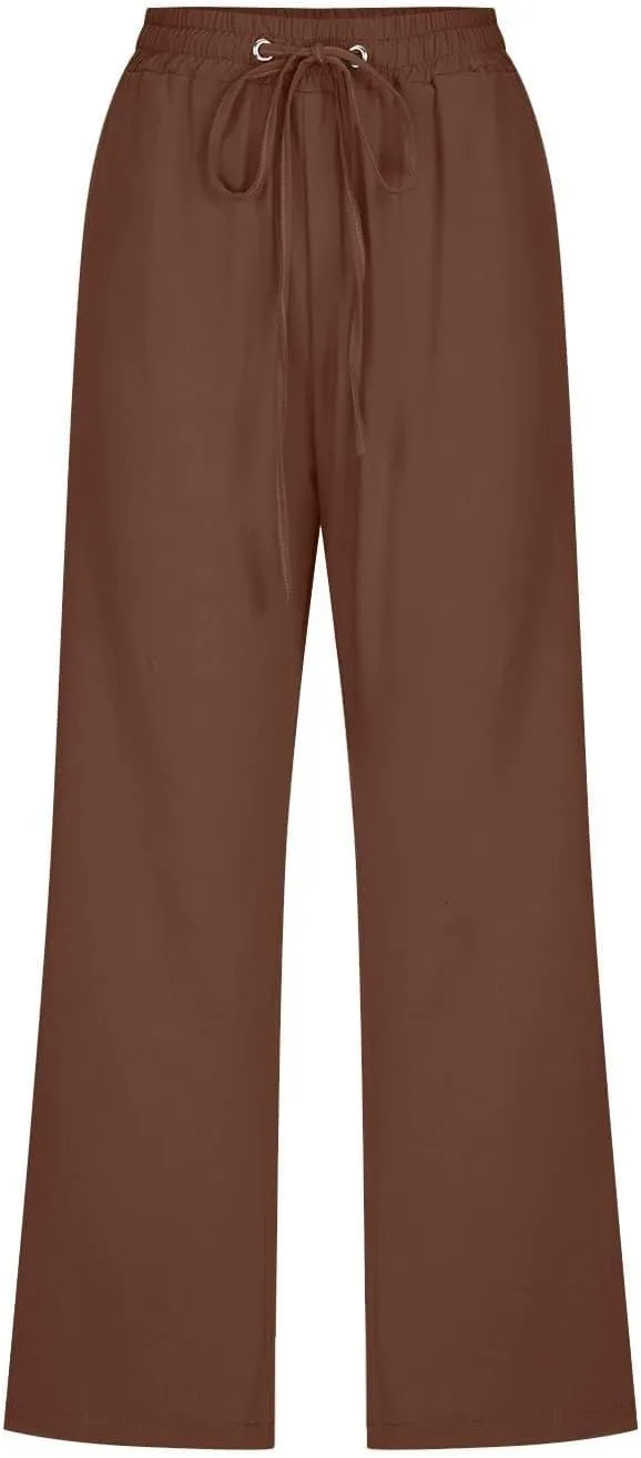 Linen Pants Women Capri Leg Pants Drawstring Elastic Trousers Comfy Straight Leg Capri Trousers 2025 Vacation
