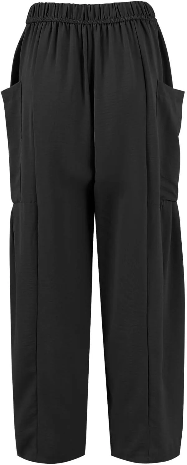 Linen Pants Women Casual Drawstring Cropped Barrel Palazzo Harem Pants Flowy Boho Beach Lounge Pants with Pockets