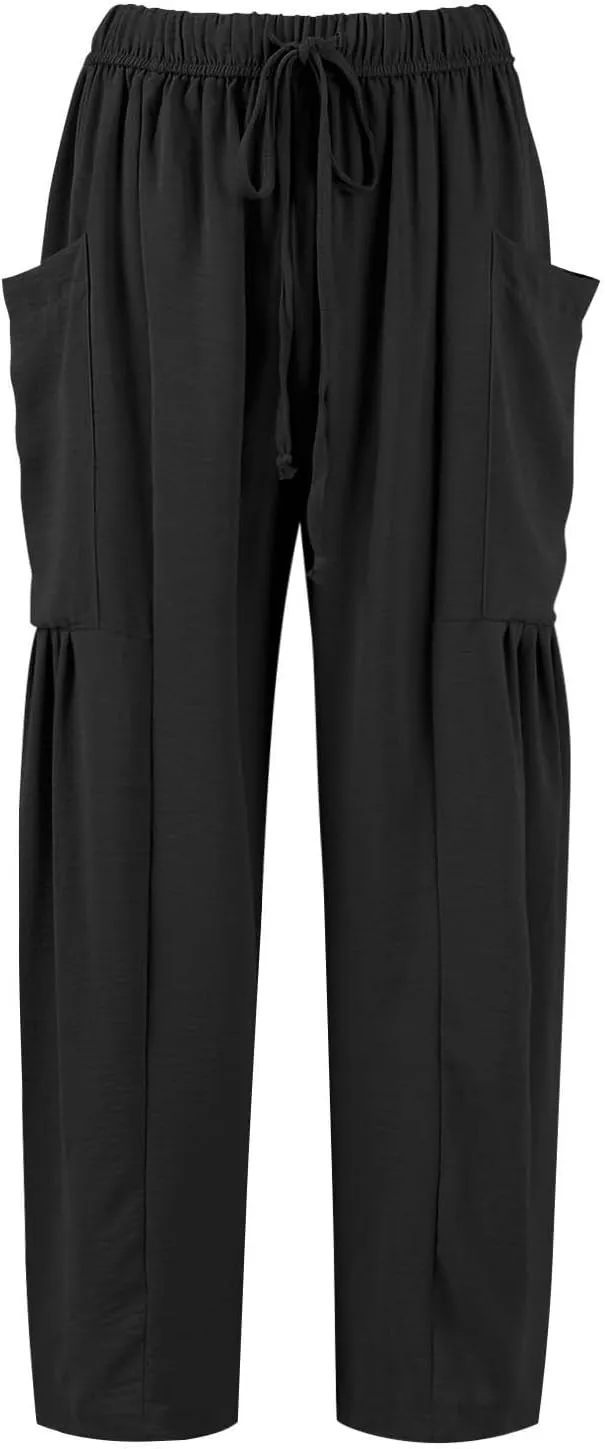 Linen Pants Women Casual Drawstring Cropped Barrel Palazzo Harem Pants Flowy Boho Beach Lounge Pants with Pockets