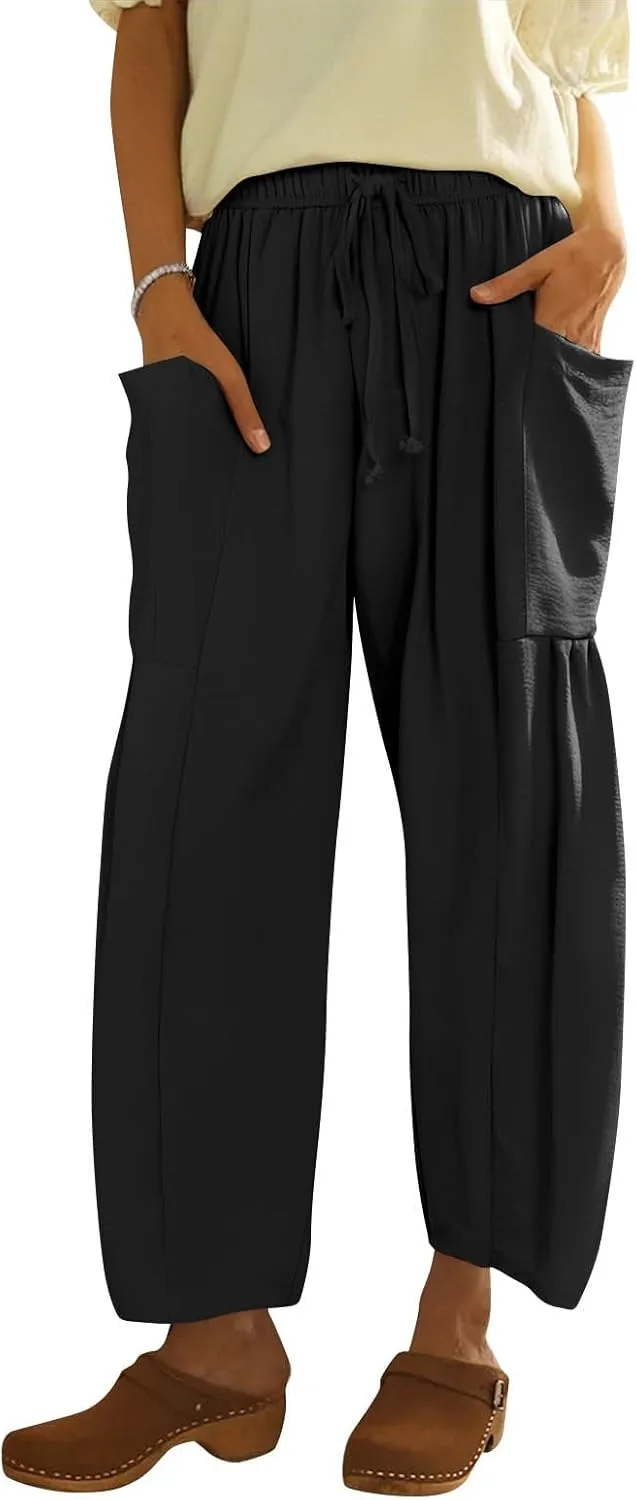 Linen Pants Women Casual Drawstring Cropped Barrel Palazzo Harem Pants Flowy Boho Beach Lounge Pants with Pockets
