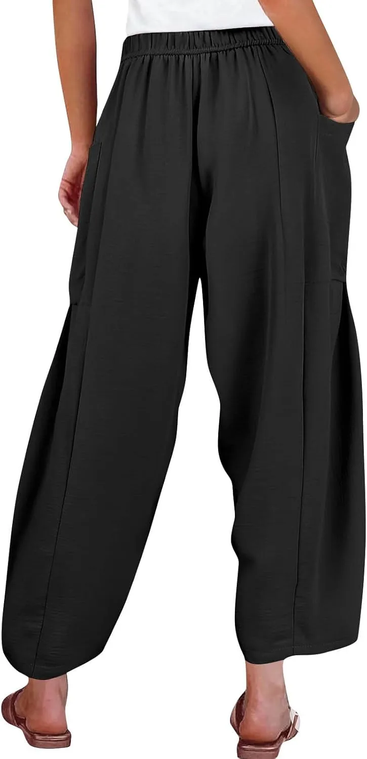 Linen Pants Women Casual Drawstring Cropped Barrel Palazzo Harem Pants Flowy Boho Beach Lounge Pants with Pockets