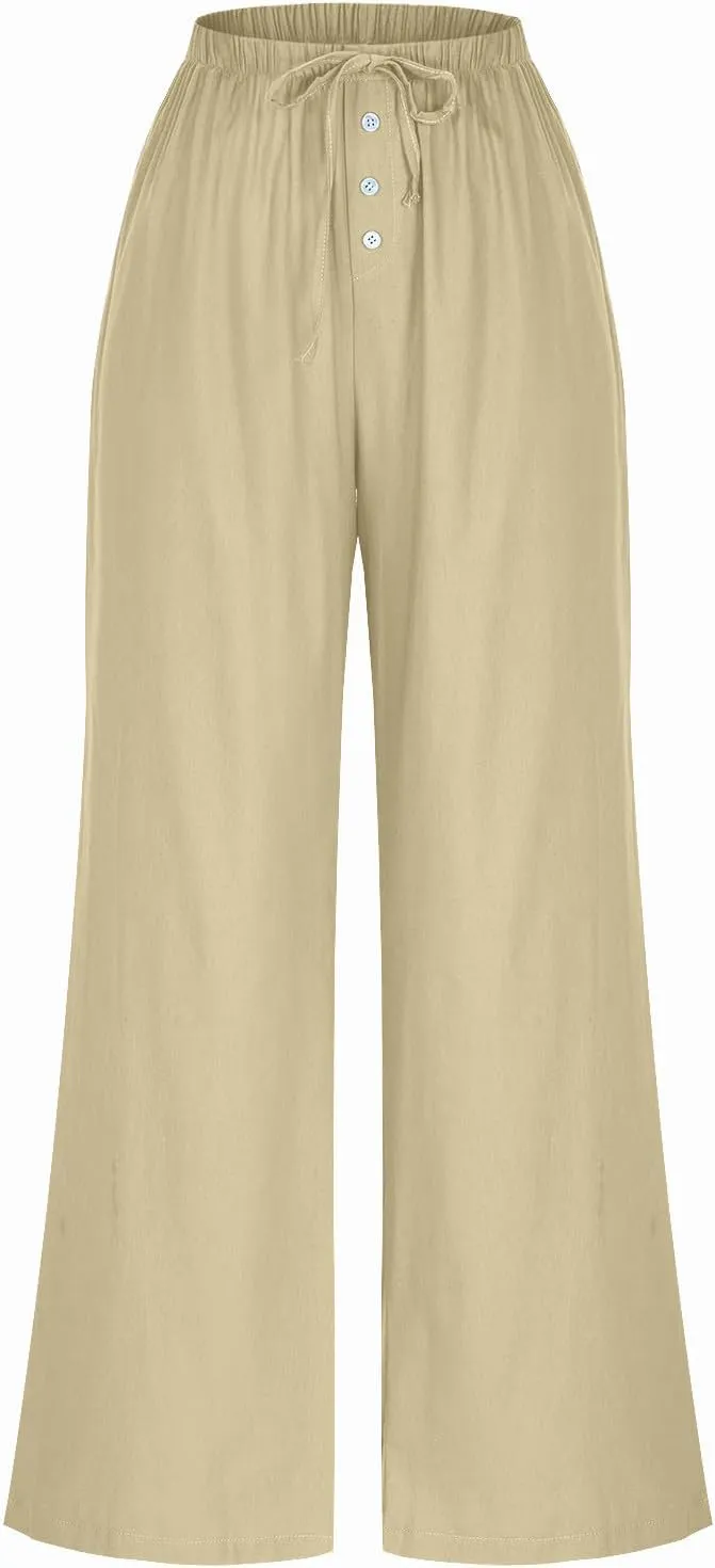 Linen Pants Women Drawstring High Waisted Wide Leg Cotton Baggy Trousers 2025 Summer Casual Bell Pant with Pockets