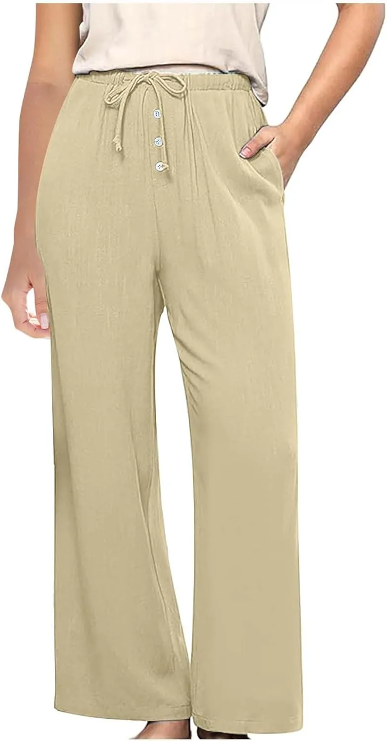 Linen Pants Women Drawstring High Waisted Wide Leg Cotton Baggy Trousers 2025 Summer Casual Bell Pant with Pockets