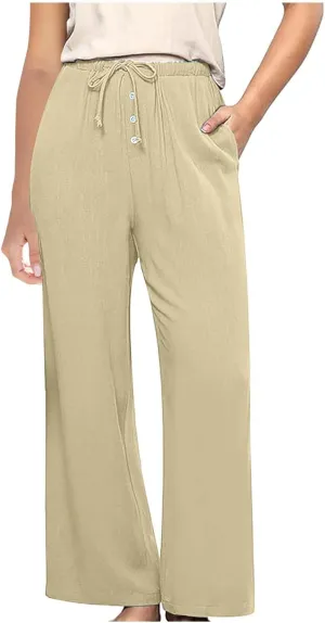 Linen Pants Women Drawstring High Waisted Wide Leg Cotton Baggy Trousers 2025 Summer Casual Bell Pant with Pockets