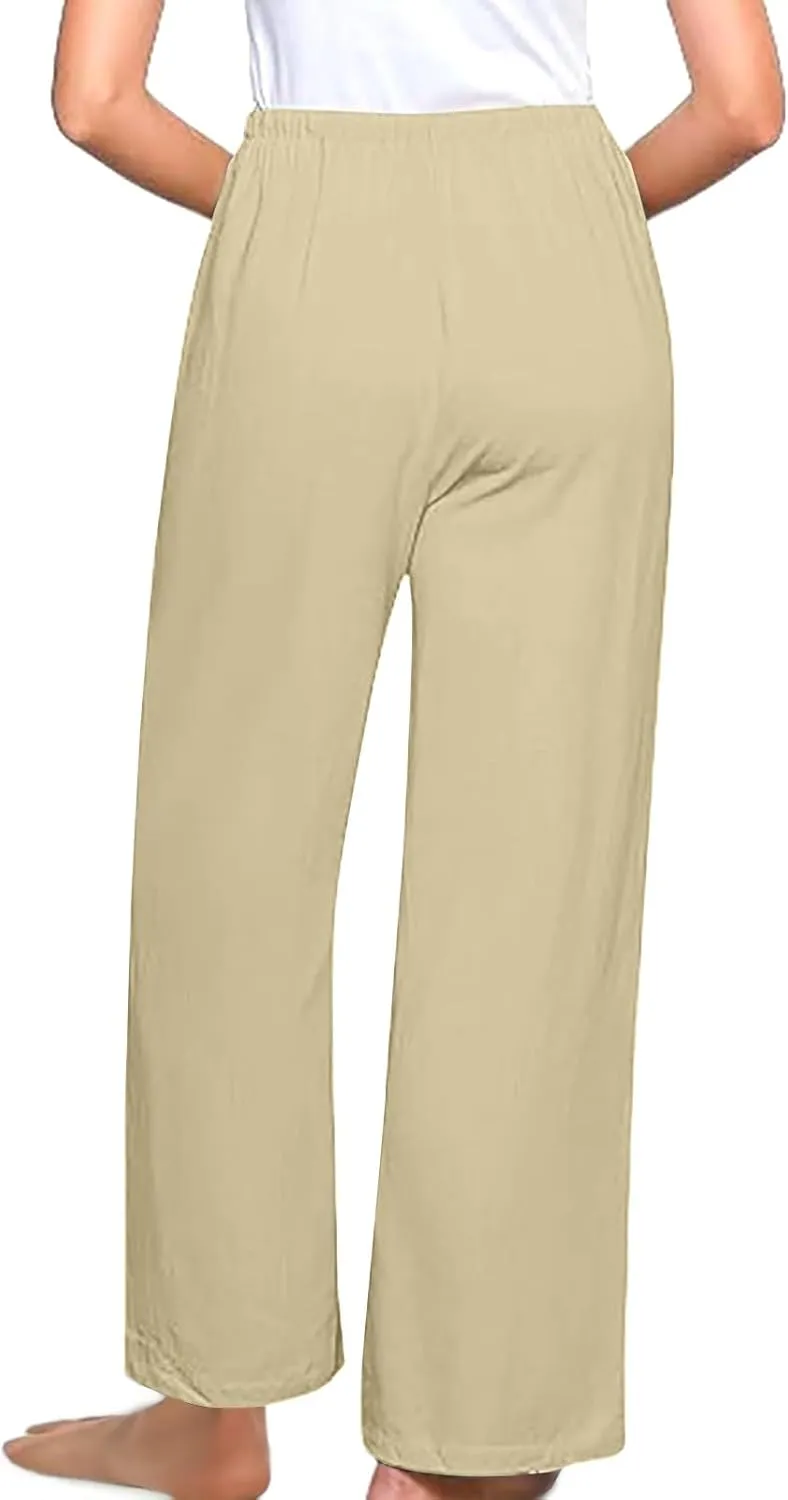 Linen Pants Women Drawstring High Waisted Wide Leg Cotton Baggy Trousers 2025 Summer Casual Bell Pant with Pockets